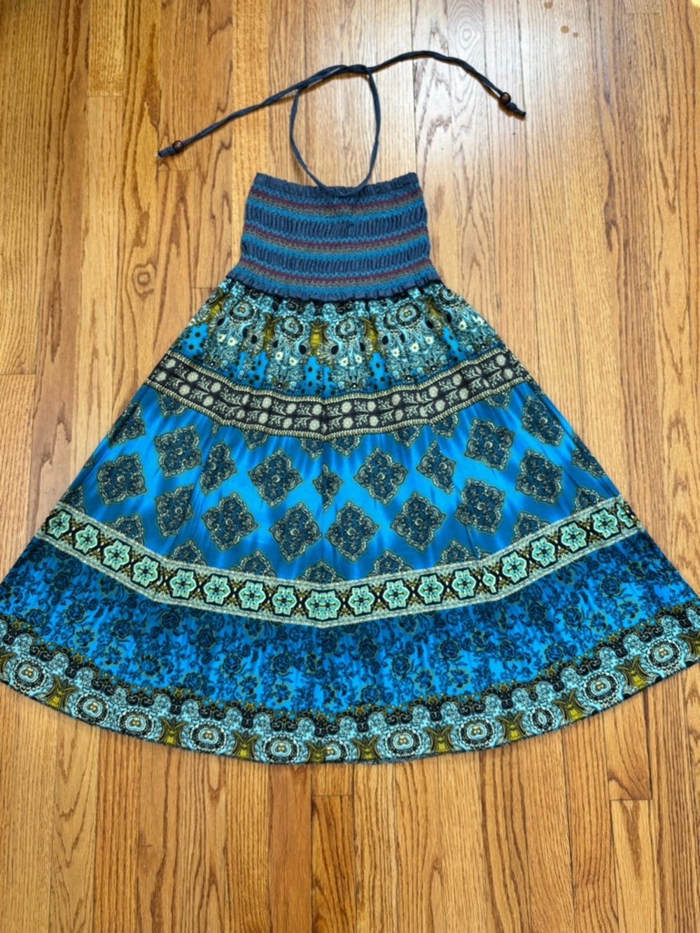 NEW Y2K boho cottage ethnic print smoked high rise pleated A-line Midi Skirt XS - Picture 9 of 16
